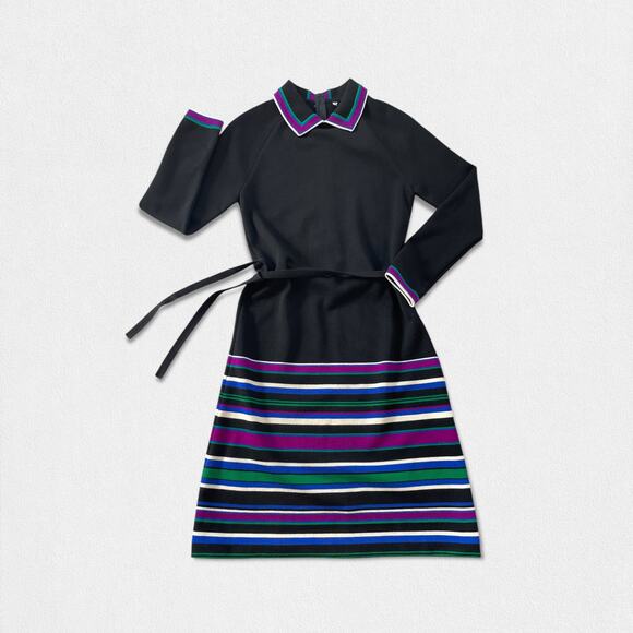 60s 70s Knit A-Line Dress Stripes Collar Same Fabric belt Raglan Sleeve Size 8 - Picture 2 of 9
